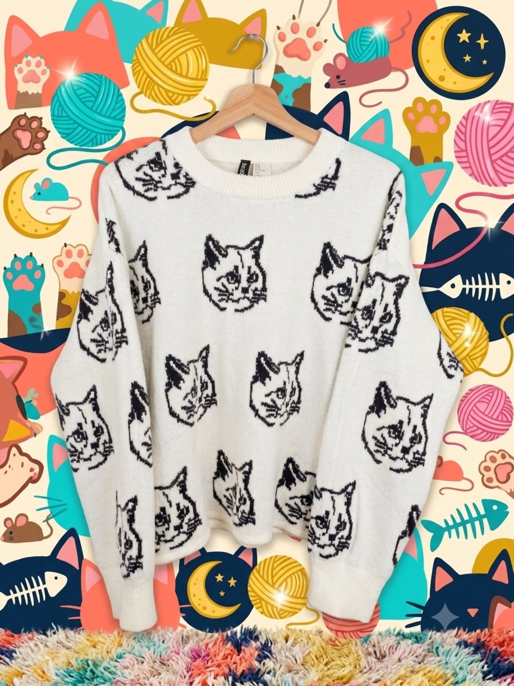 H&M Divided Cat Print Crewneck Sweater - Women’s Size Large